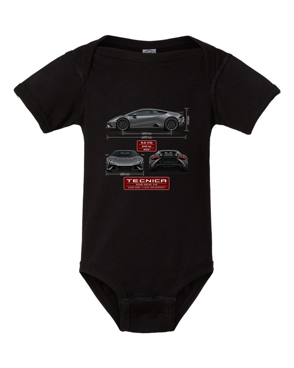 Three-view spec table print of the Lamborghini Huracan Tecnica black baby onesie front view with the design