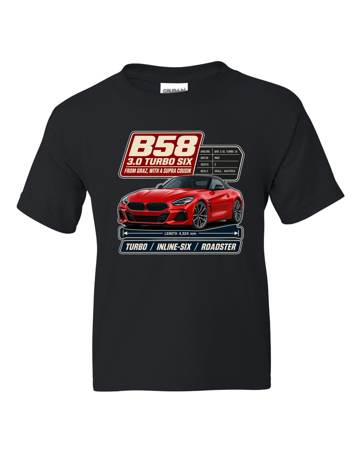 Spec poster print of the BMW Z4 M40i with B58 3.0 turbo six notes black kids tee front view with the design