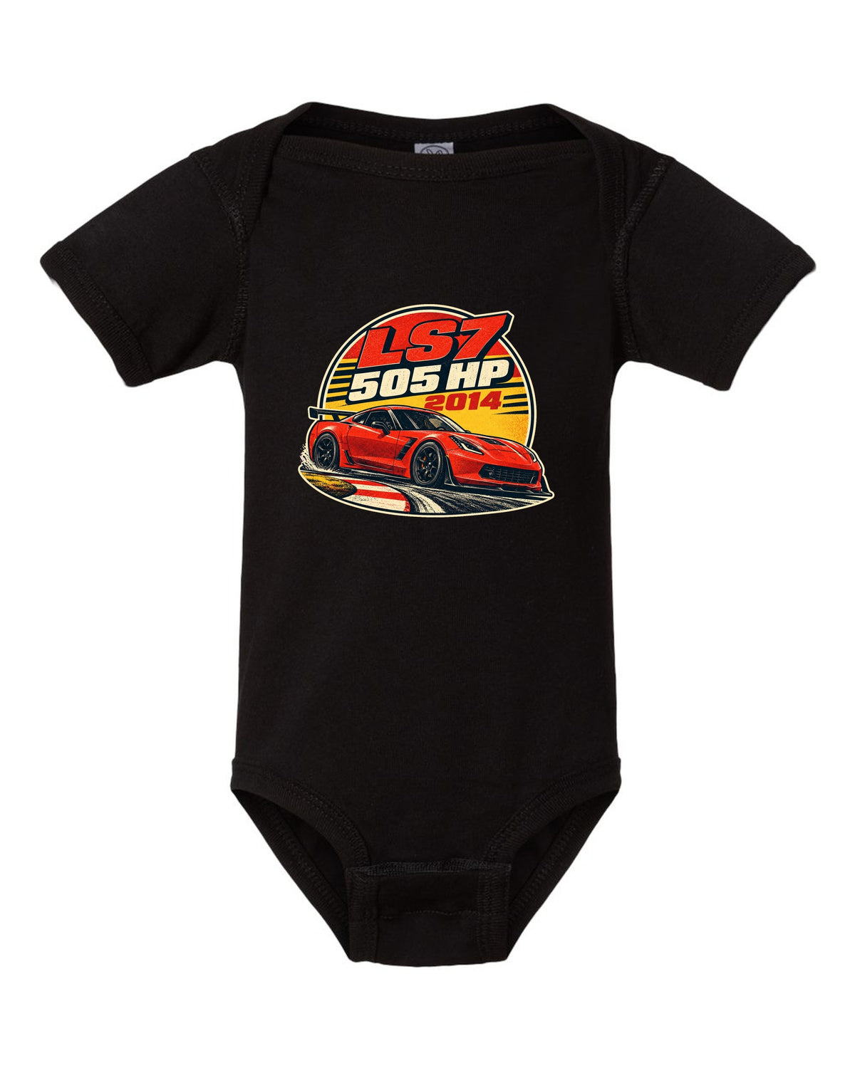 2014 Chevrolet Camaro Z/28 LS7 vintage race poster print with 505 HP text black baby onesie front view with the design