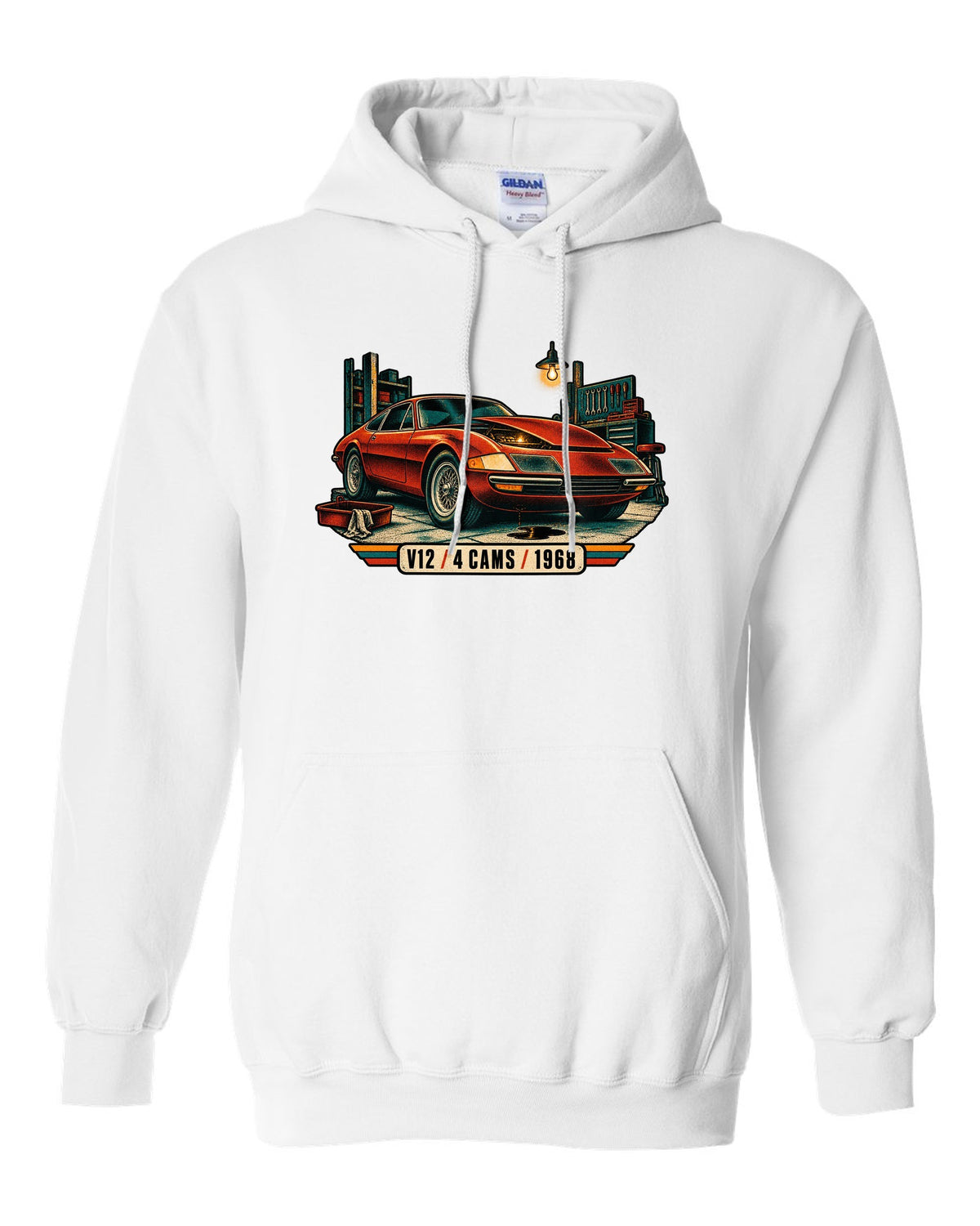 Risograph spot colour print of a Ferrari 365 GTB/4 Daytona in a garage with V12 4 Cams 1968 lettering white pull over hoodie front view with the design