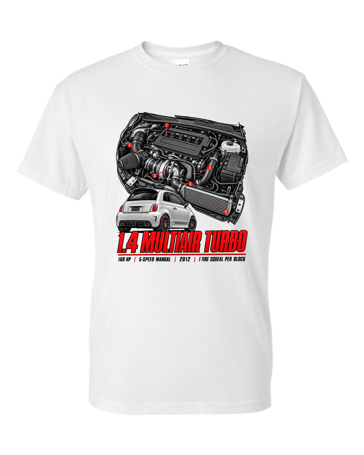 Fiat 500 Abarth engine bay hero poster with 1.4 MultiAir turbo figures white t-shirt front view with the design