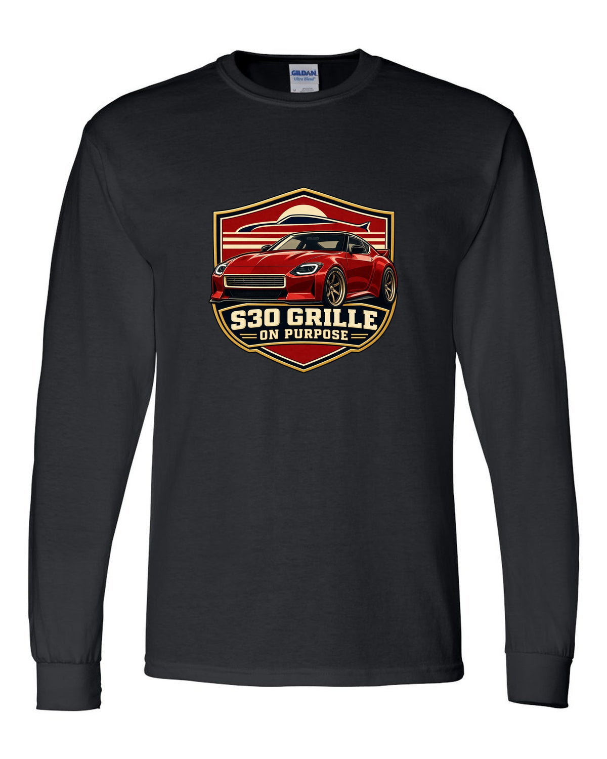 Shield crest print for the Nissan Z RZ34 referencing the S30 grille black long sleeve front view with the design