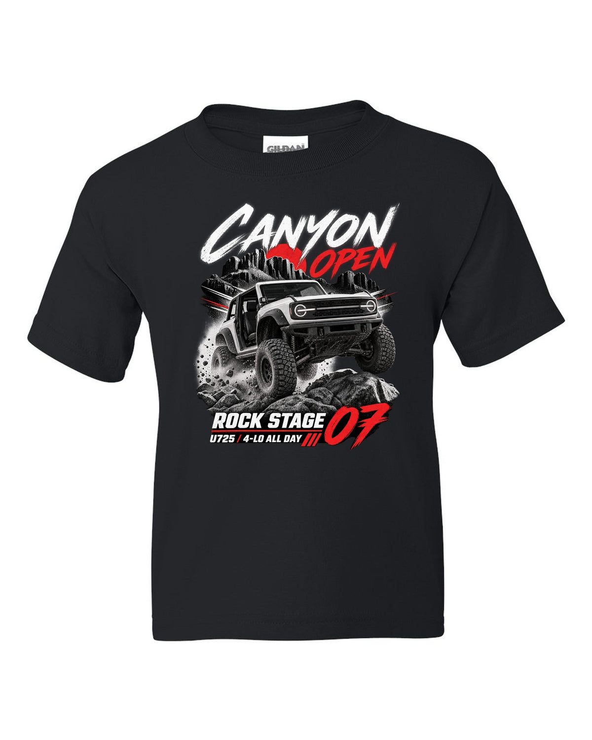 Ford Bronco 2021 two-door U725 race poster print with Rock Stage 07 and 4-Lo text black kids tee front view with the design
