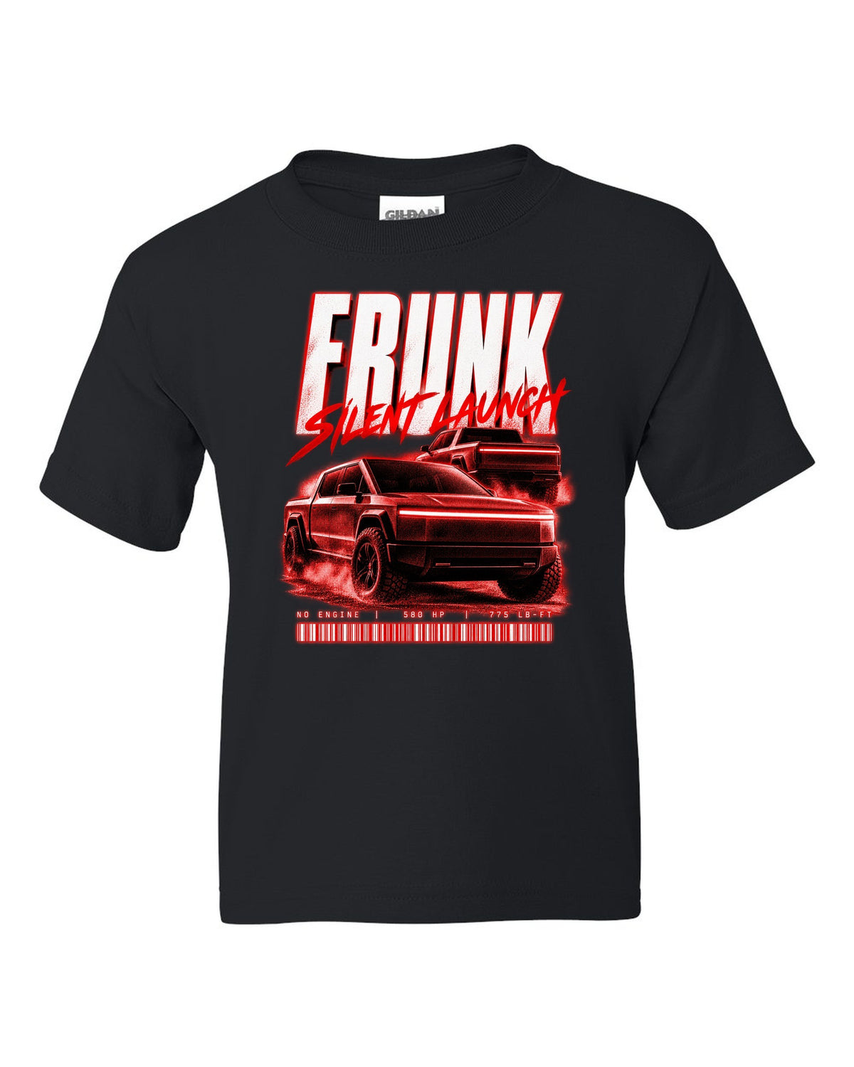 Ford F-150 Lightning EV street poster print with frunk, silent launch and 775 lb-ft black kids tee front view with the design
