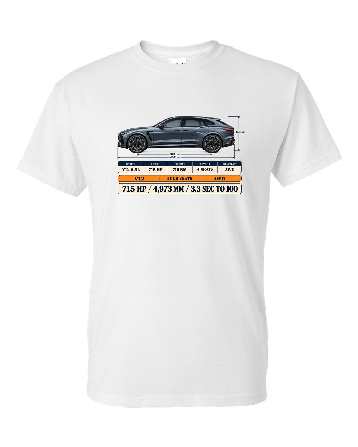Spec poster print of the Ferrari Purosangue with power and length figures white t-shirt front view with the design