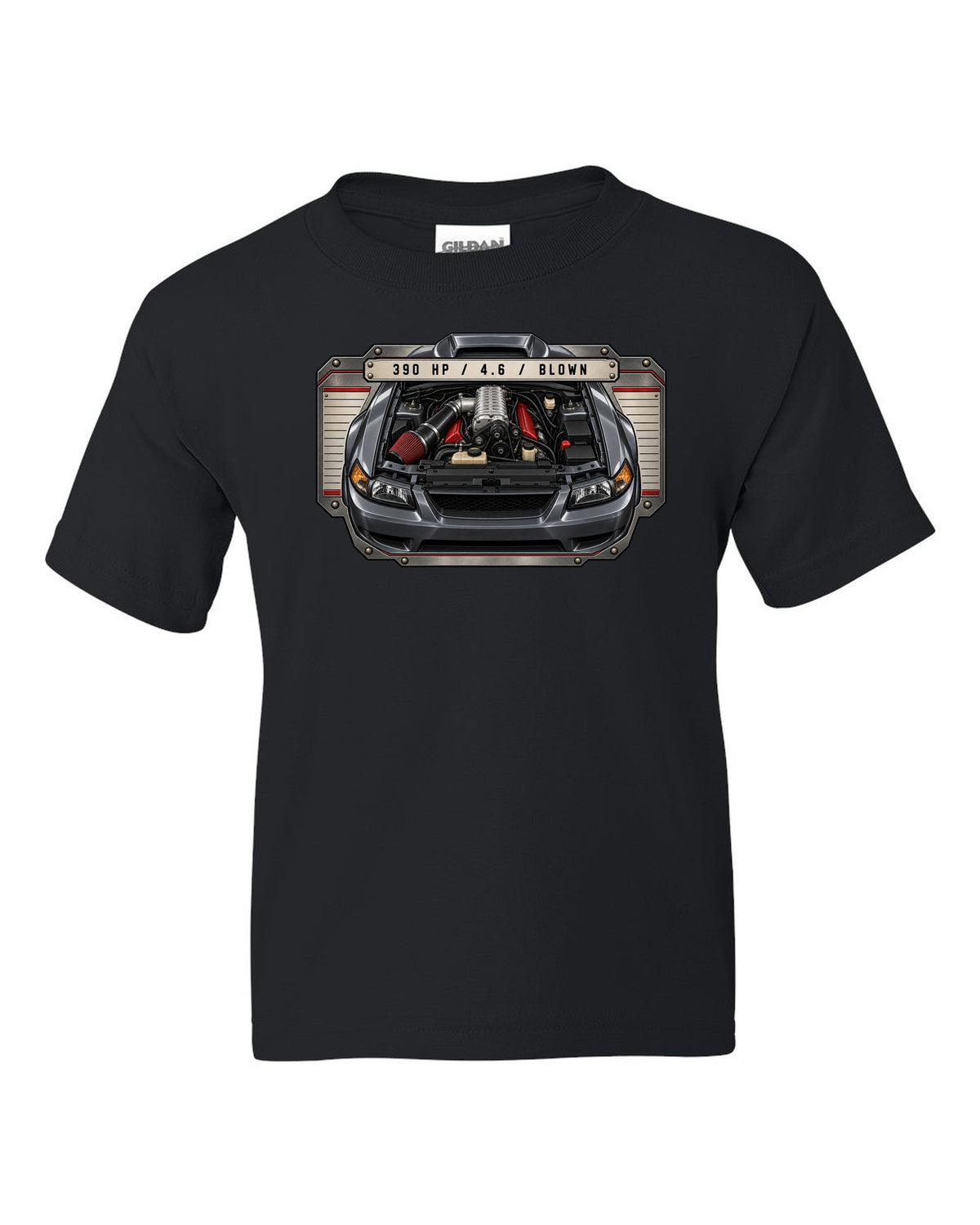 print spec plate design for the 2003-04 New Edge Mustang supercharged 4.6 V8 with 390 HP black kids tee front view with the design
