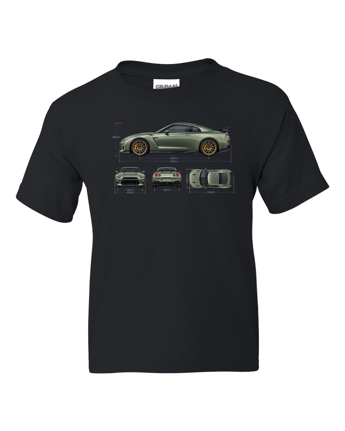 Nissan GT-R R35 rear three-quarter in red halftone showing four round taillights black kids tee front view with the design