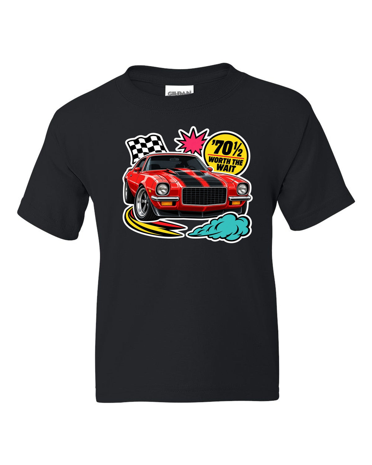 Sticker-bomb collage with die-cut edges of a 1970 Chevrolet Camaro Z28 black kids tee front view with the design