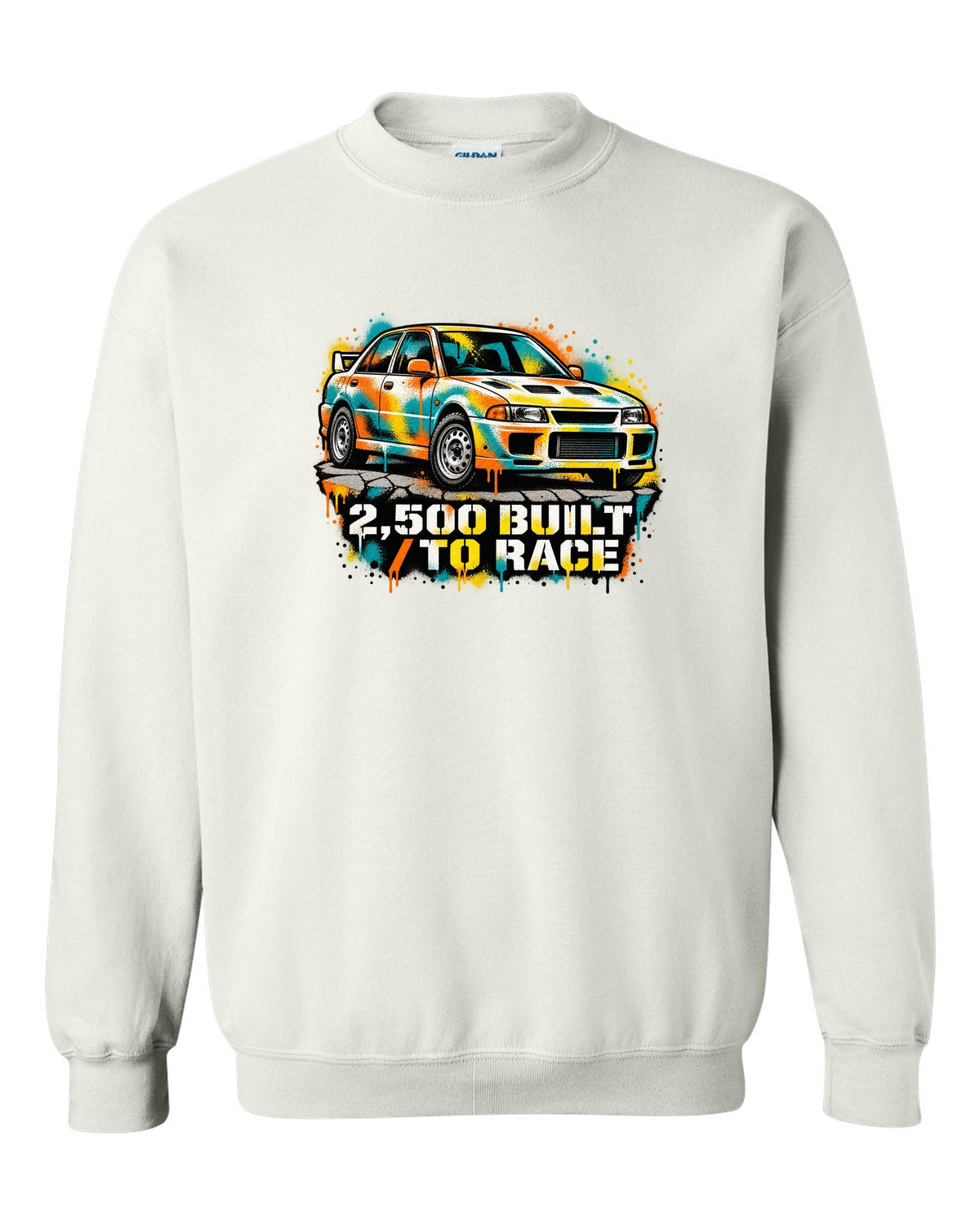 Spray-paint stencil of a Mitsubishi Lancer Evolution I CD9A with 2,500 built text white crewneck front view with the design
