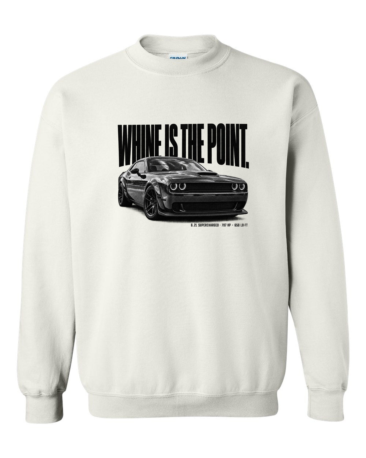 Halftone statement print of a 2018 Dodge Challenger Hellcat with whine is the point text white crewneck front view with the design