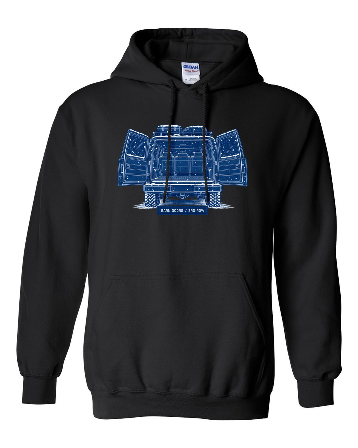 Cyanotype blueprint print of a 1992-1999 Chevrolet Suburban GMT400 with Barn Doors and 3rd Row text black pull over hoodie front view with the design