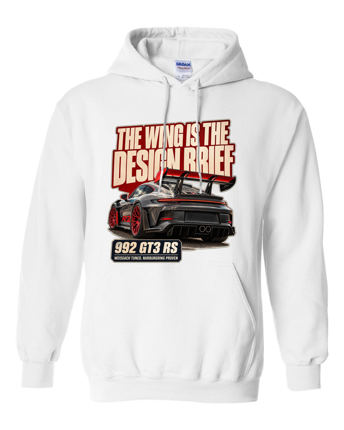 Porsche 992 GT3 RS editorial headline print design white pull over hoodie front view with the design