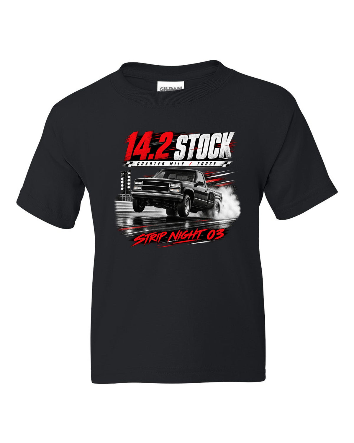 Race poster print of a 1993-95 Ford F-150 SVT Lightning with 14.2 quarter mile text black kids tee front view with the design