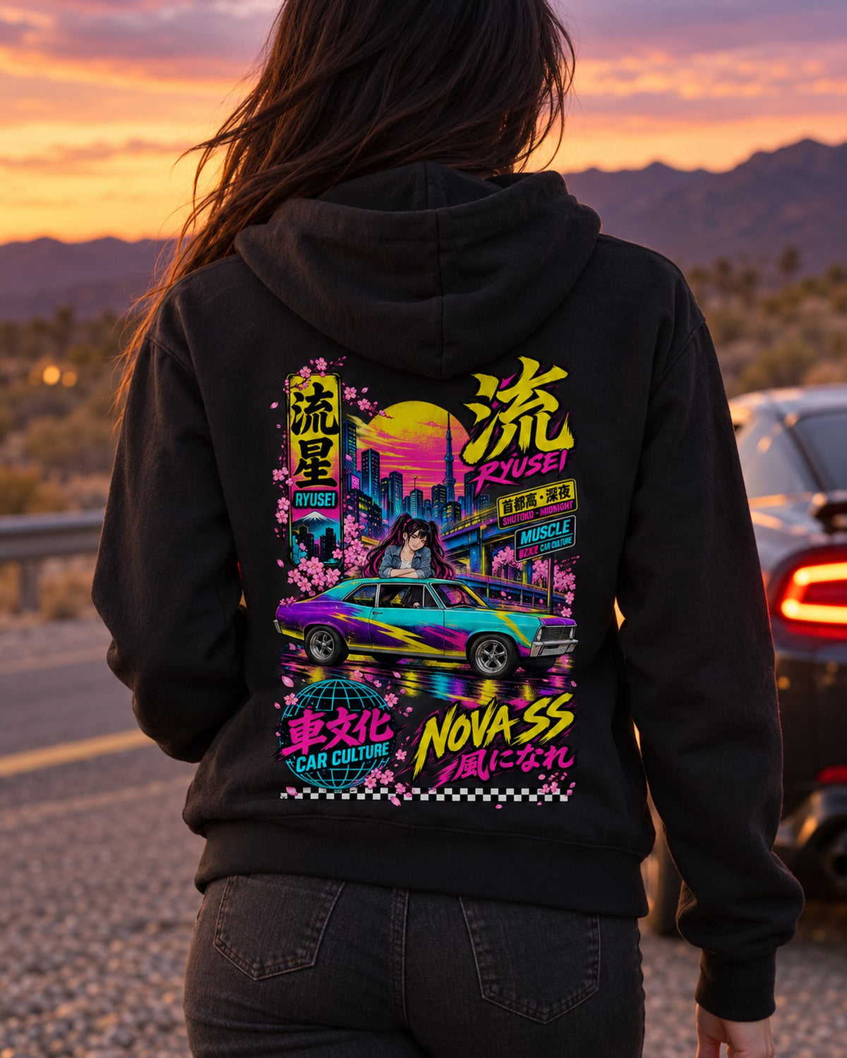 RYUSEI NOVA SS Anime Girl Full-Back Graphic Tee Zip Hoodie Black worn hero