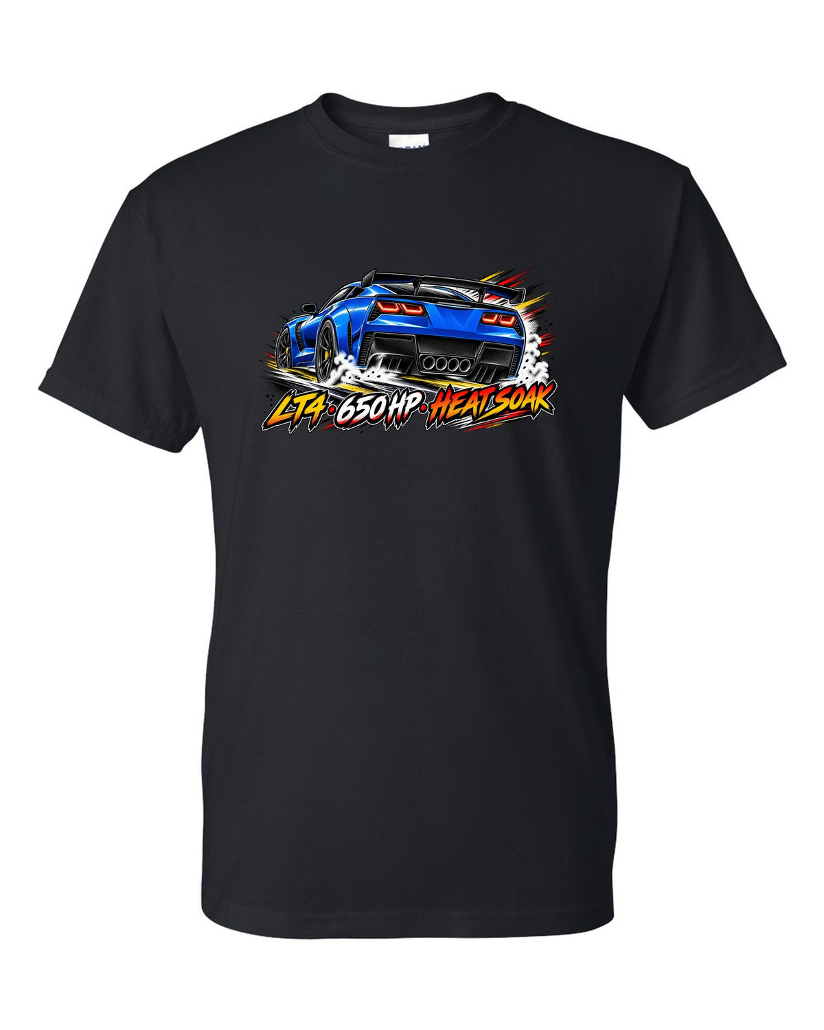 Retro manga halftone panel print of a 2016 Chevrolet Corvette C7 Z06 with LT4 650 HP heat soak lettering black t-shirt front view with the design