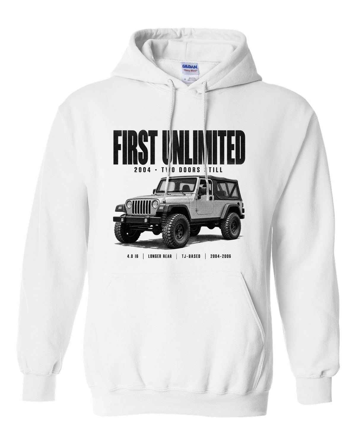 Halftone print for the Jeep Wrangler LJ Unlimited, First Unlimited 2004 white pull over hoodie front view with the design
