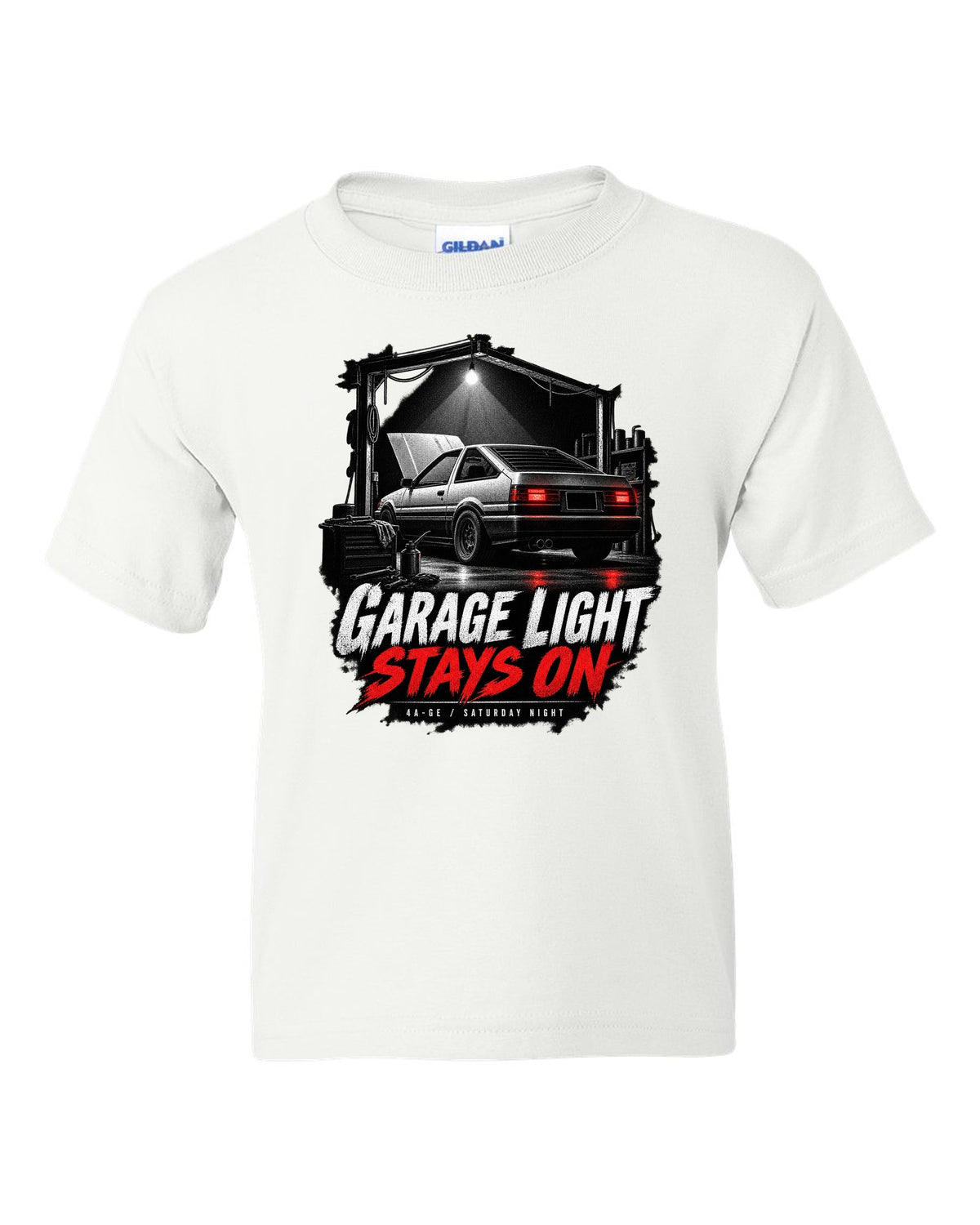 Garage night print of a Toyota AE86 Sprinter Trueno with 4A-GE lettering white kids tee front view with the design