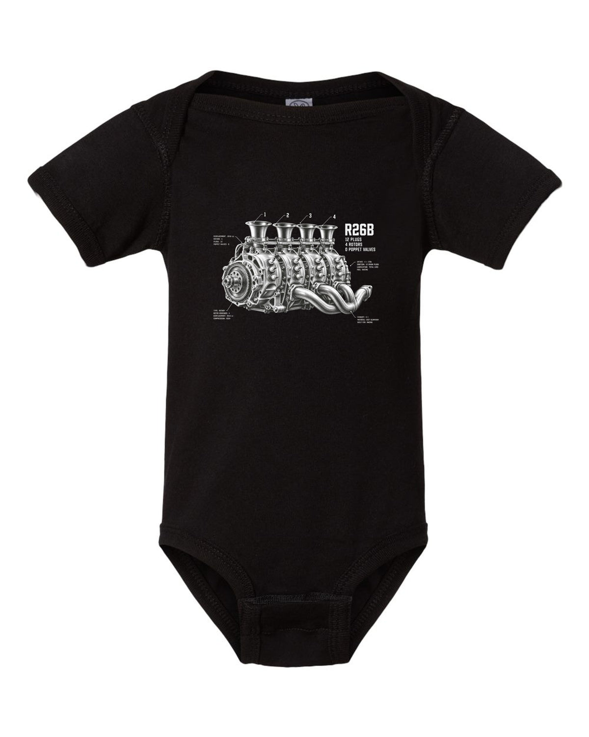 Mazda 787B R26B four-rotor engine illustration with 12 plugs and 4 rotors text black baby onesie front view with the design