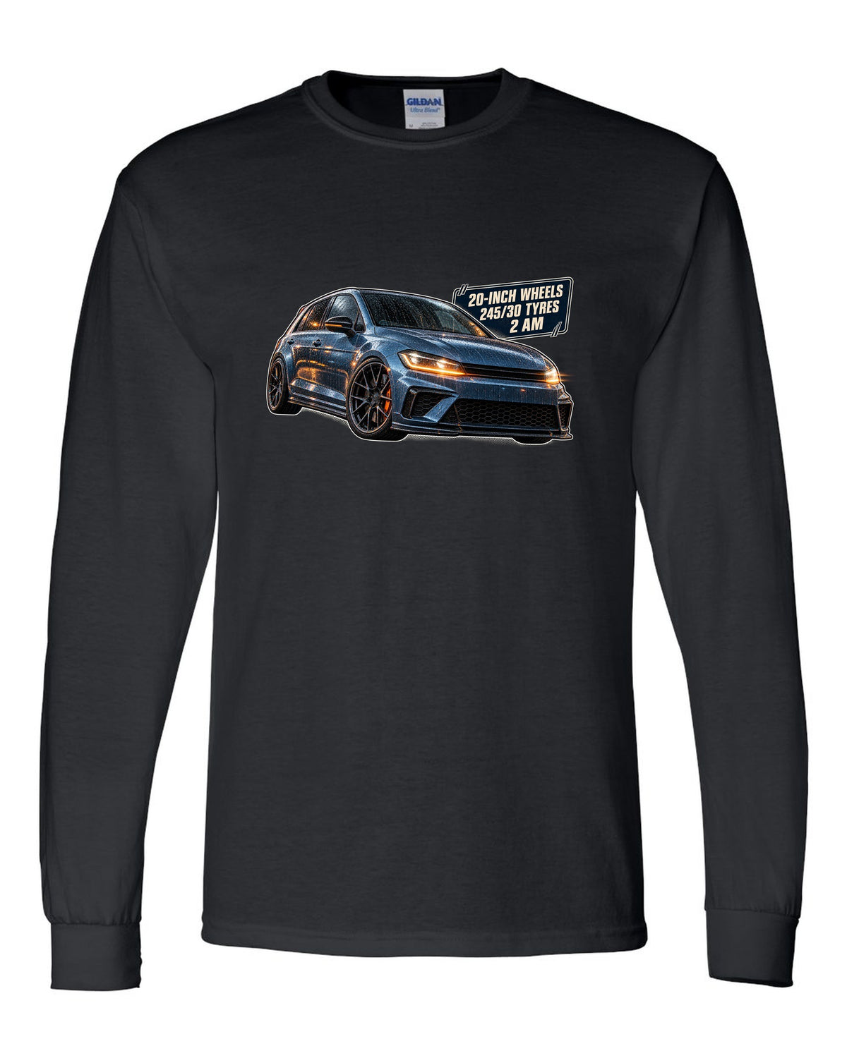 print of a Boost Blue Honda Civic Type R FK8 on a night touge road black long sleeve front view with the design