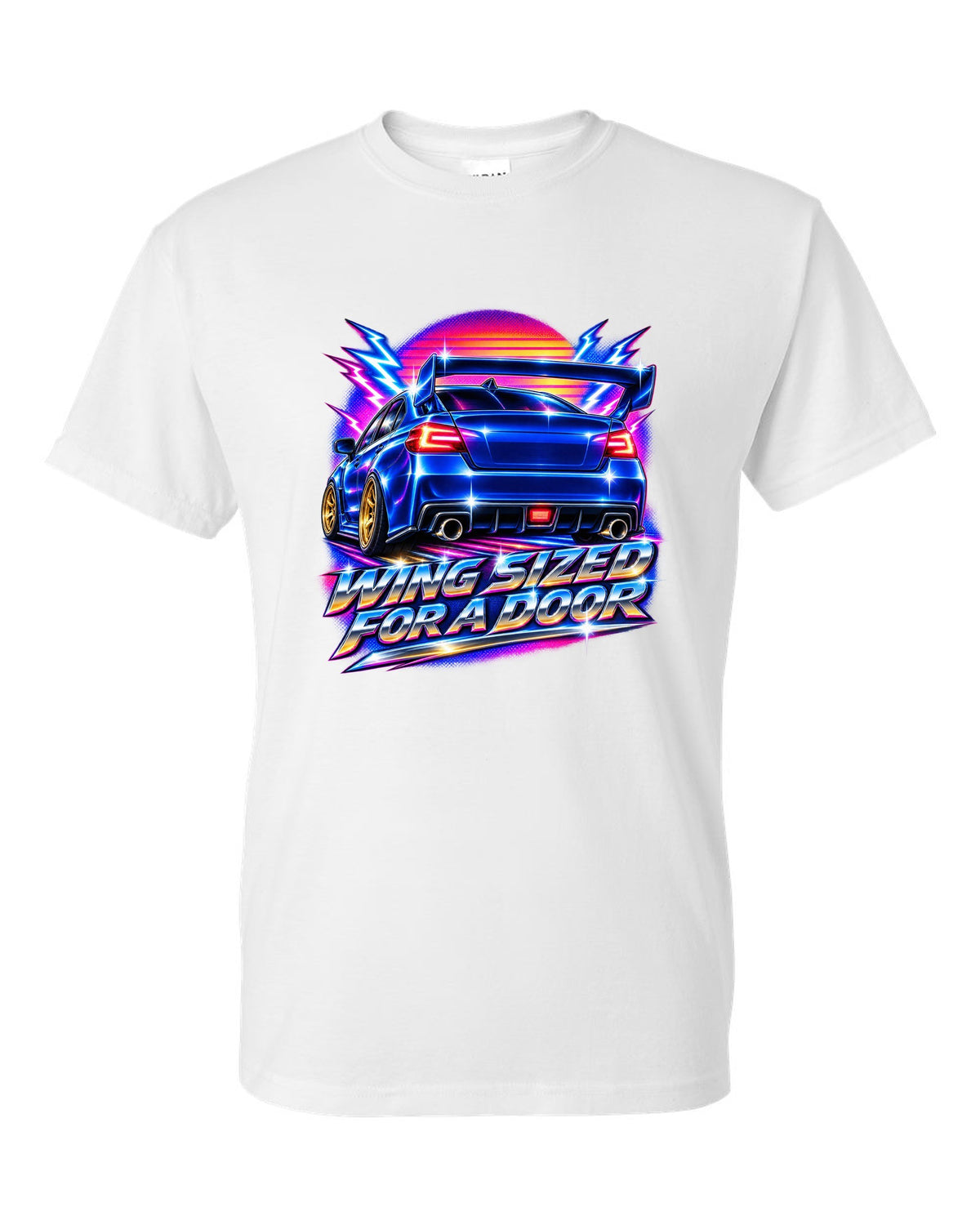 Subaru WRX STI VAB rear in 80s airbrush chrome, WING SIZED / FOR A DOOR white t-shirt front view with the design