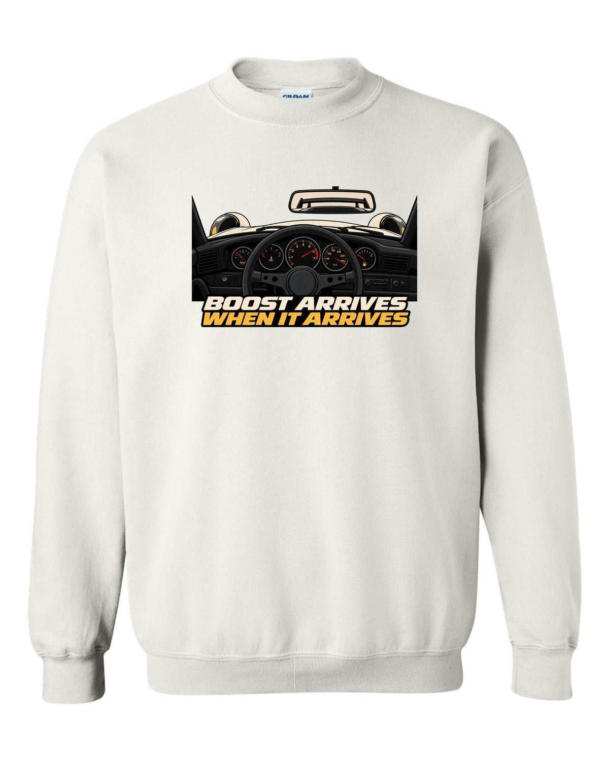 Gauge cockpit vector print of a 1993 Porsche 911 Turbo 964 with Boost Arrives When It Arrives lettering white crewneck front view with the design