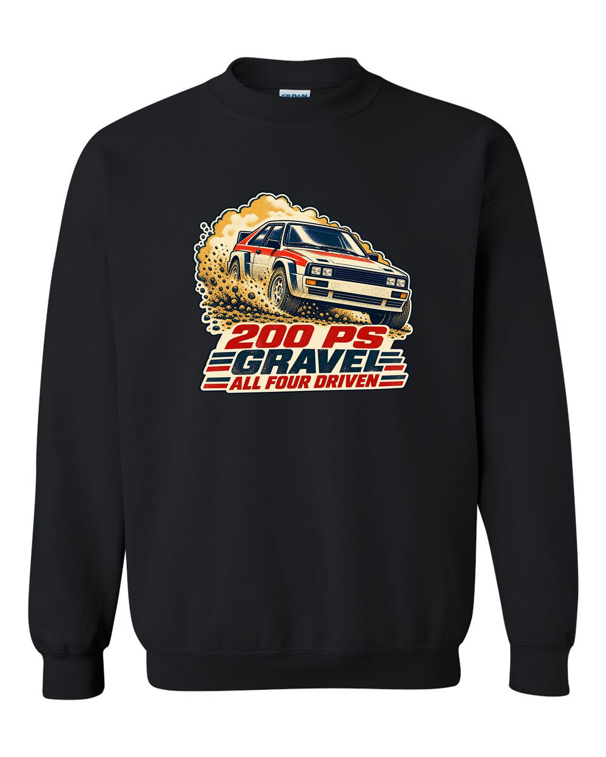 Vintage rally poster screenprint print of an Audi Ur-Quattro Type 85 on gravel black crewneck front view with the design
