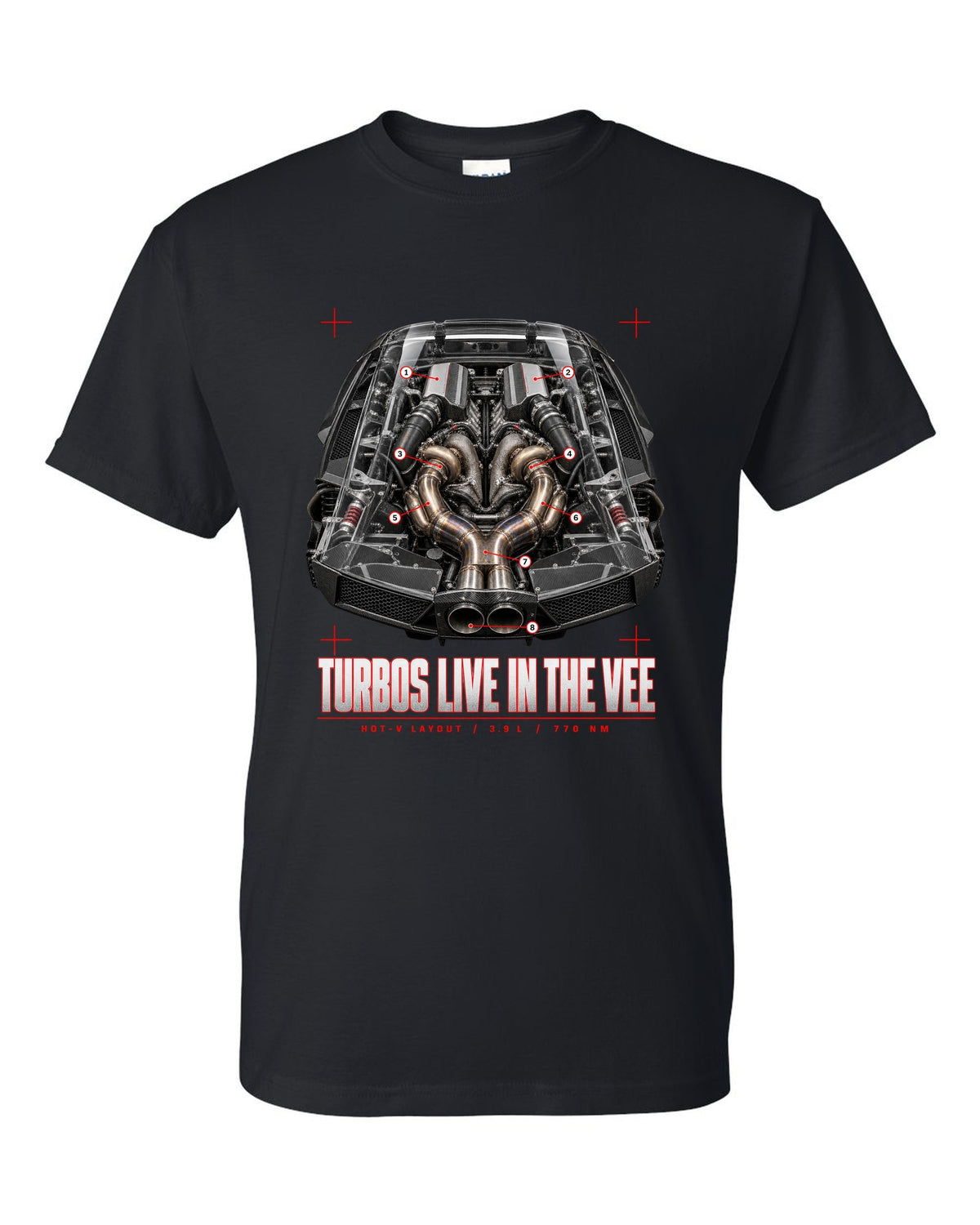 Engine cover callout print of a Ferrari F8 Tributo with hot-V layout, 3.9 L and 770 Nm black t-shirt front view with the design