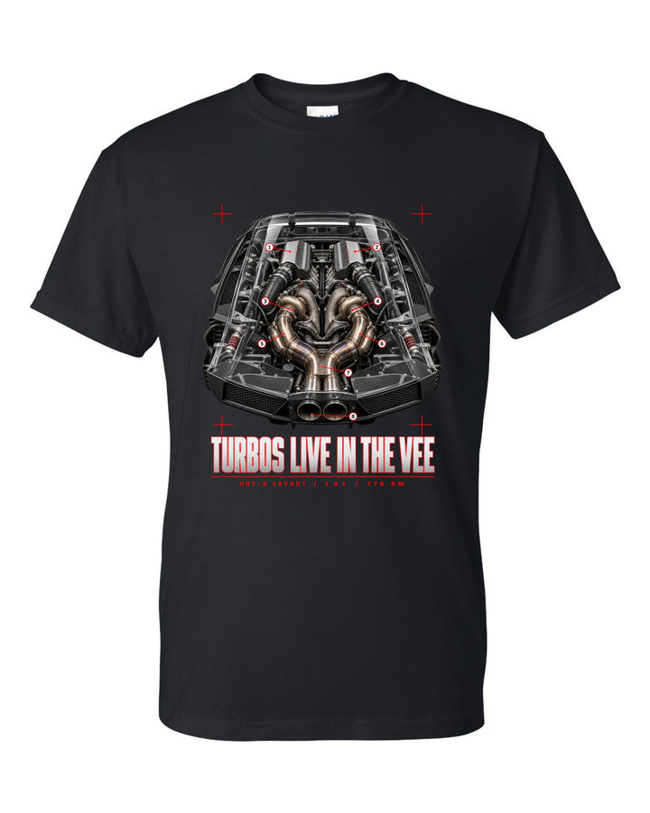 Engine cover callout print of a Ferrari F8 Tributo with hot-V layout, 3.9 L and 770 Nm black t-shirt front view with the design