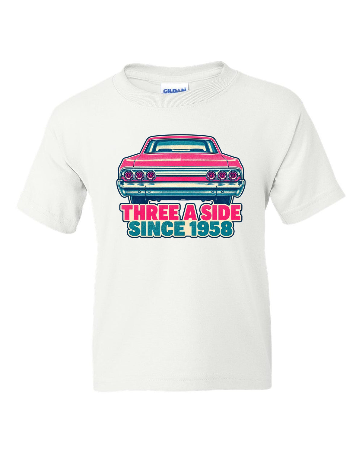 Two-colour risograph print of a 1964 Chevrolet Impala with its triple taillights white kids tee front view with the design