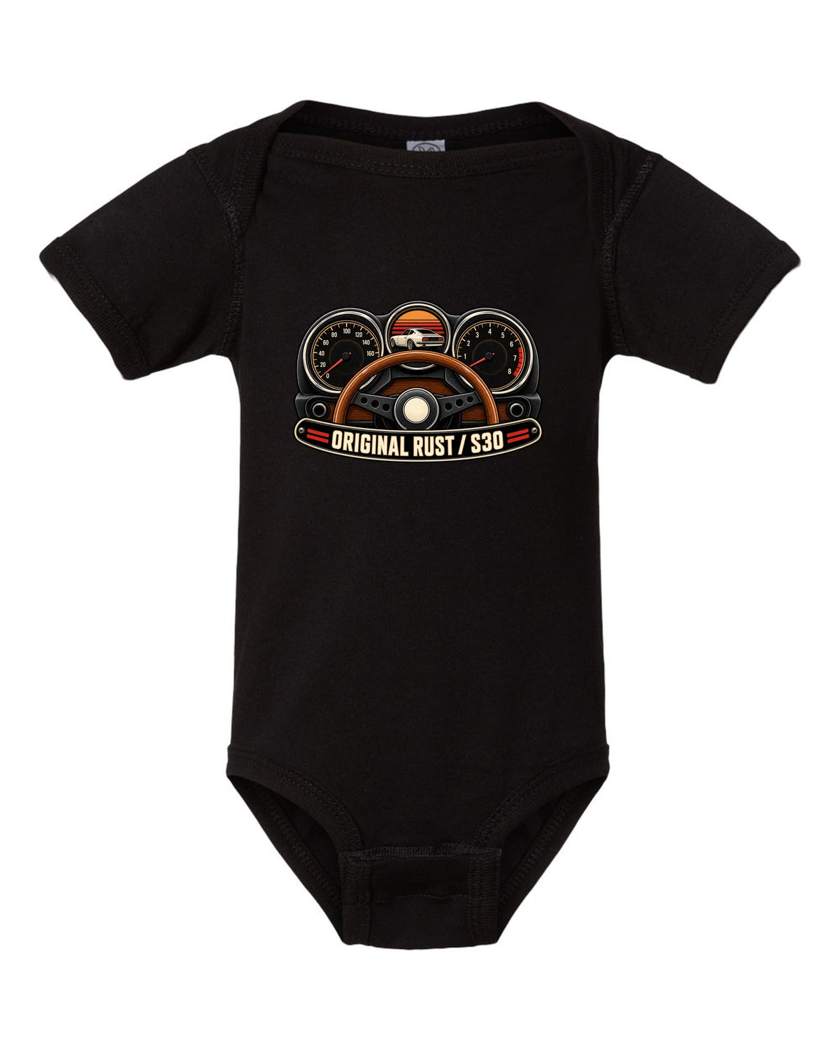 Analog gauge cluster print for the Datsun 240Z S30 reading Original Rust black baby onesie front view with the design