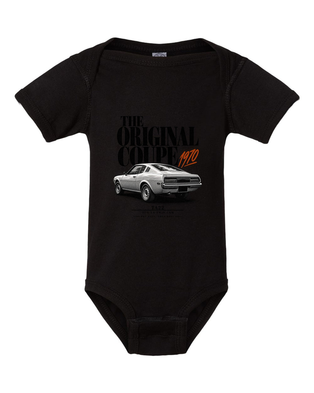 Editorial headline print of a Toyota Celica TA22 coupe with 2T-G 1.6 twin cam text black baby onesie front view with the design