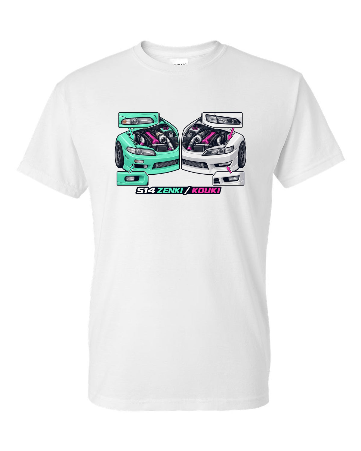 Isometric cutaway print of a 1993 Nissan Silvia S14 with Zenki and Kouki lettering white t-shirt front view with the design