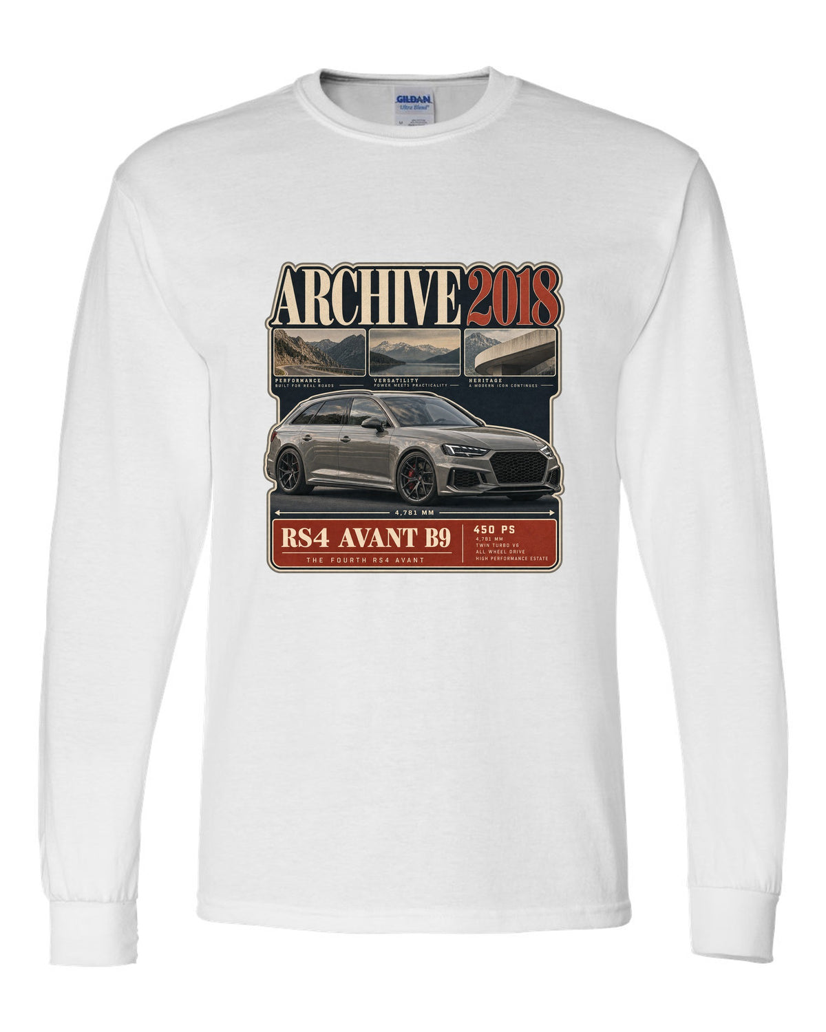 Audi RS4 Avant B9 archive panel print marked 2018 with 450 PS white long sleeve front view with the design