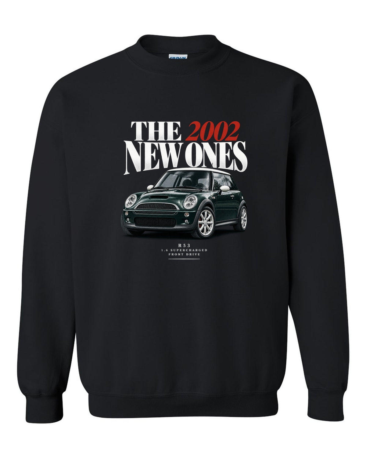 Mini Cooper S R53 dark green with white roof editorial headline print black crewneck front view with the design