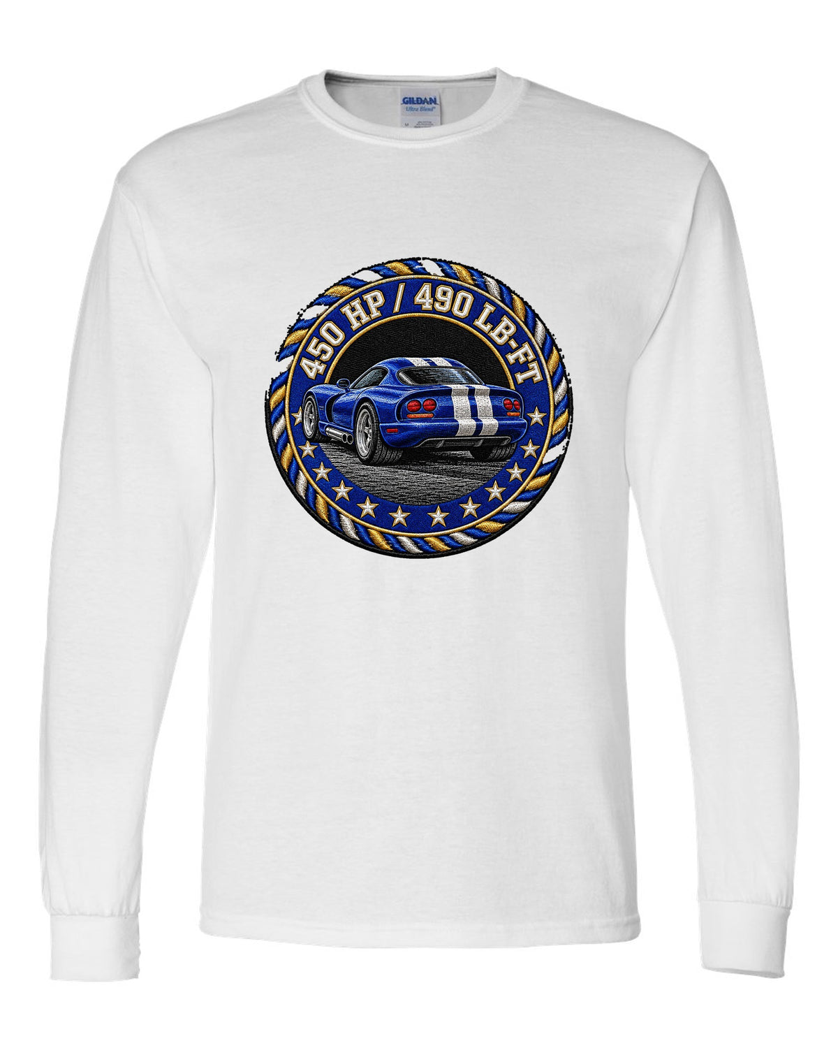 Blue embroidered varsity crest design for a 1996 Dodge Viper GTS SR II white long sleeve front view with the design