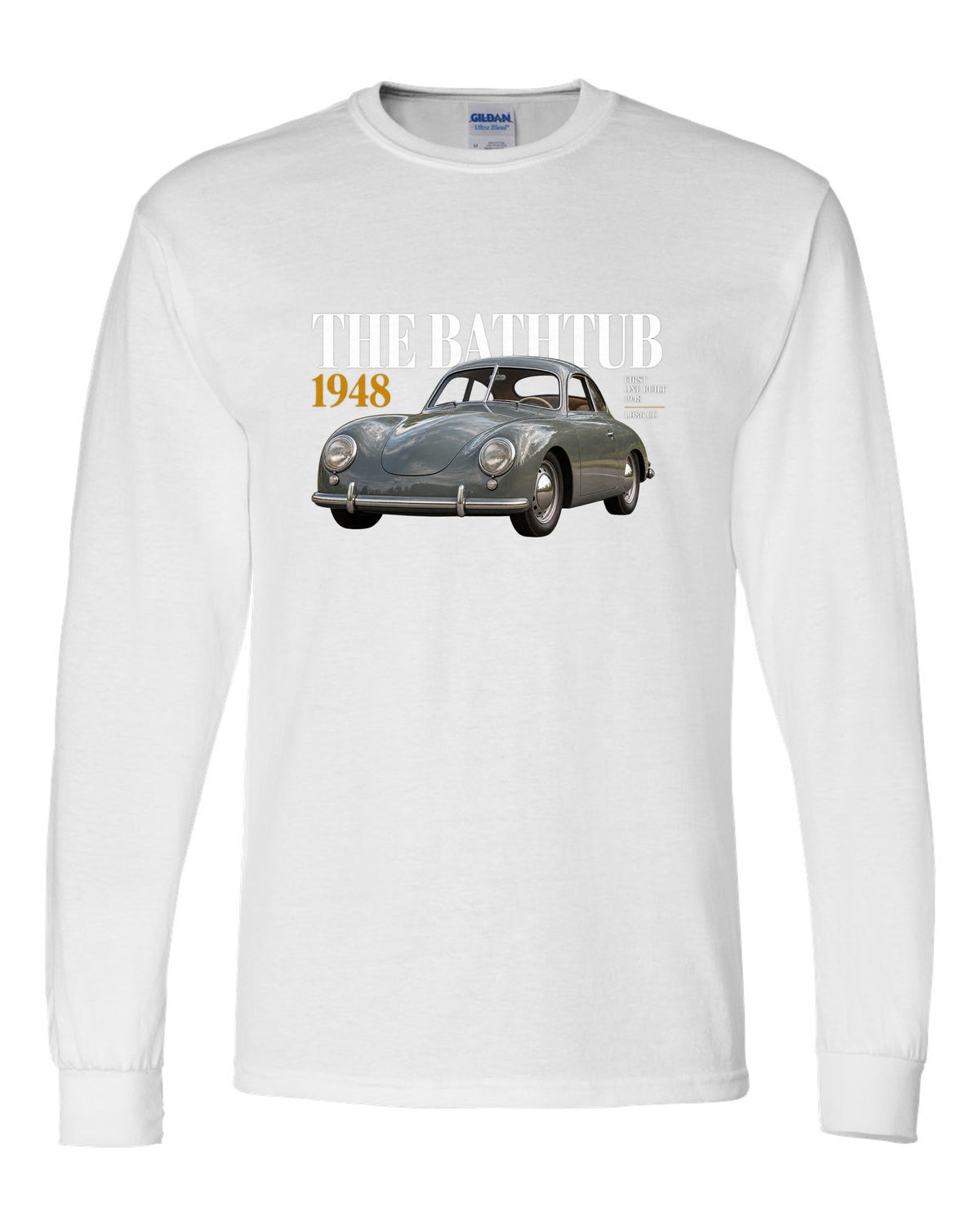 Editorial headline print of the 1948 Porsche 356 Pre-A coupe nicknamed the Bathtub white long sleeve front view with the design