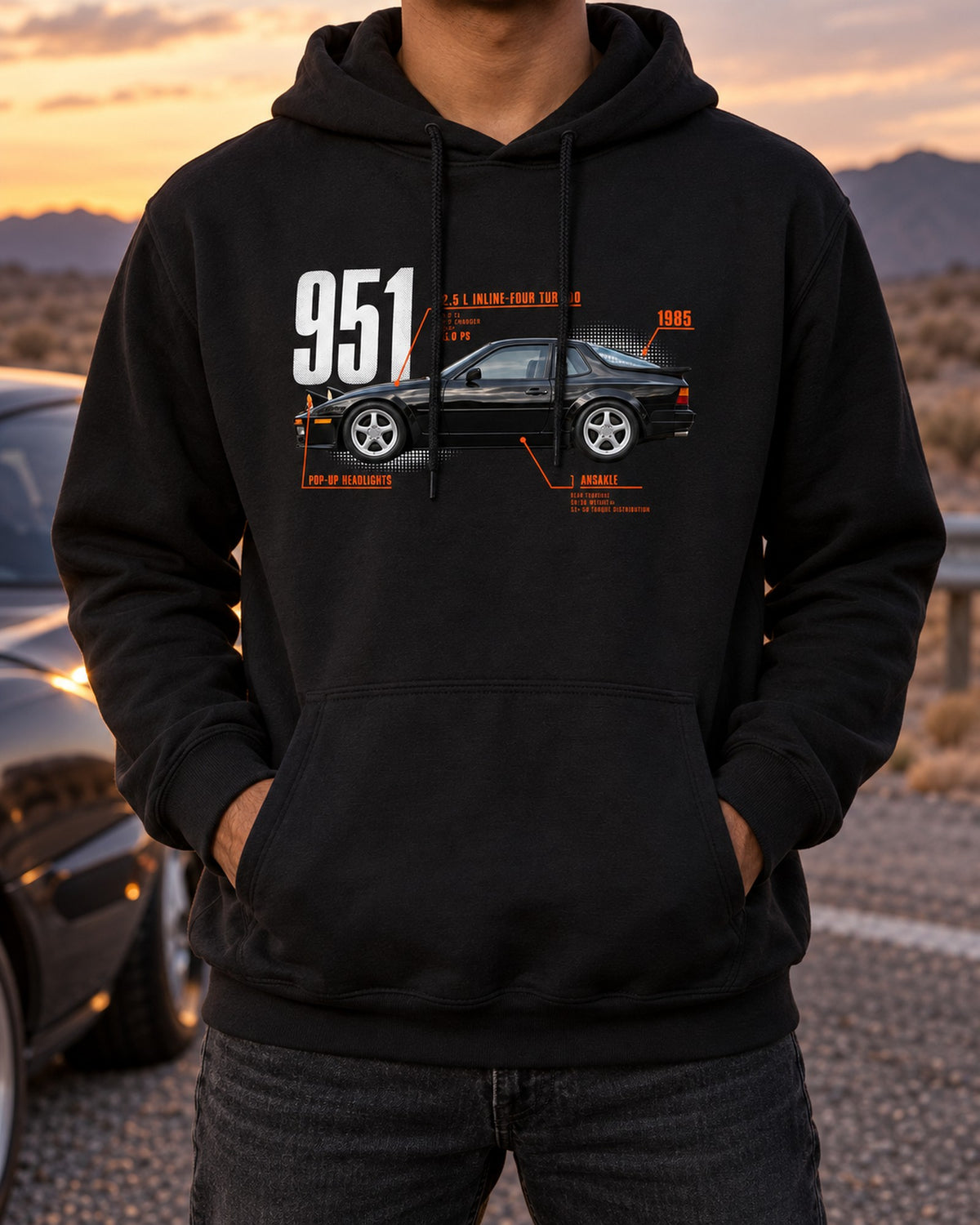 Porsche 944 Turbo 951 Spec Poster Shirt, Pop-Up Lights Pull Over Hoodie Black worn hero