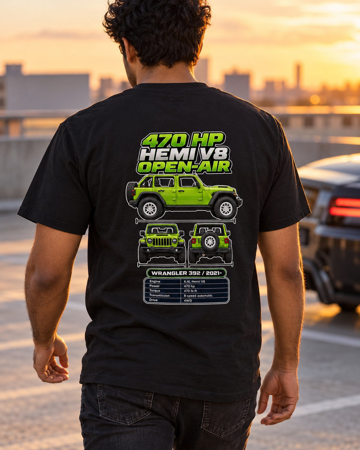 Jeep Wrangler 392 Spec Sheet Full-Back Graphic Tee T-Shirt Black worn hero
