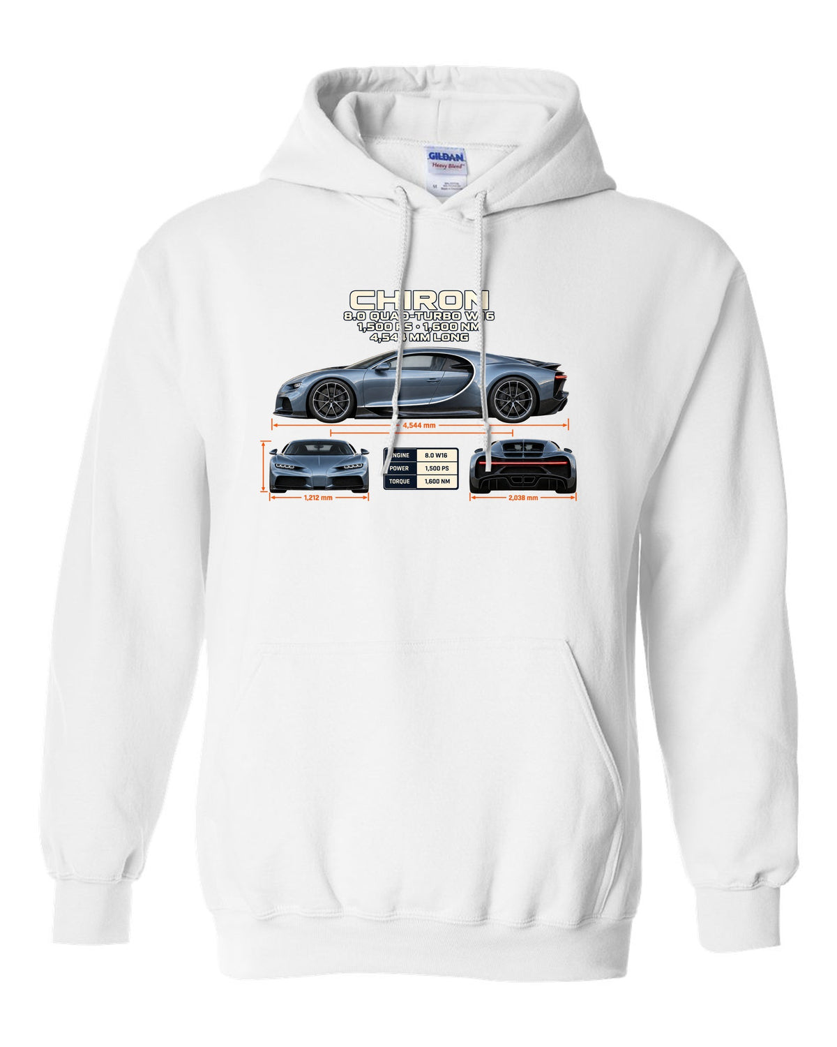 Three-view drawing and spec table of a Bugatti Chiron on the front of a tee white pull over hoodie front view with the design