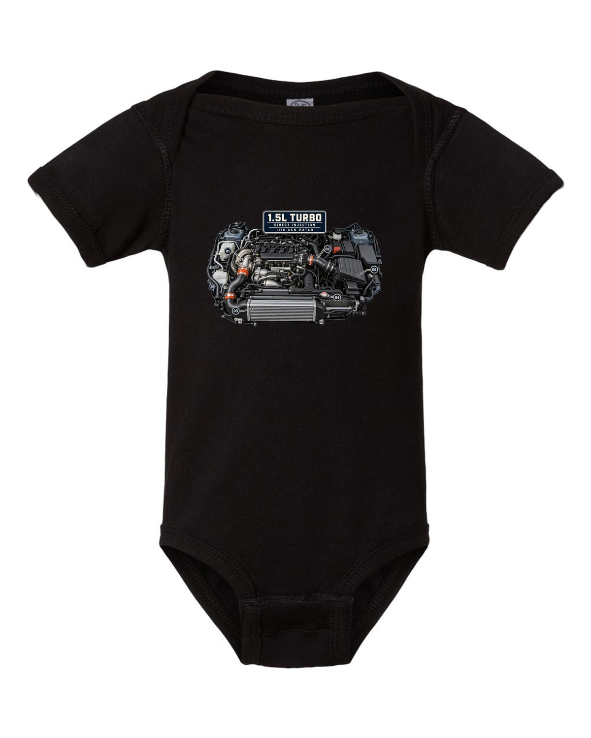 Honda Civic chback FL1 1.5L turbo engine bay print black baby onesie front view with the design