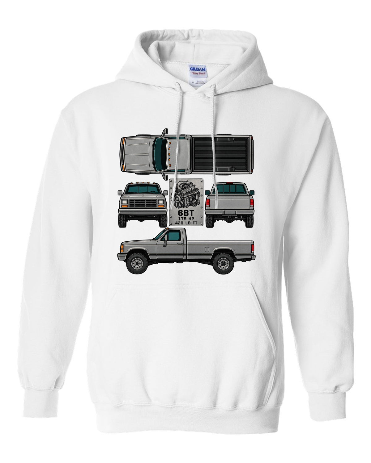 Spec-sheet data plate print of a Dodge Ram D250 6BT Cummins with horsepower and torque white pull over hoodie front view with the design