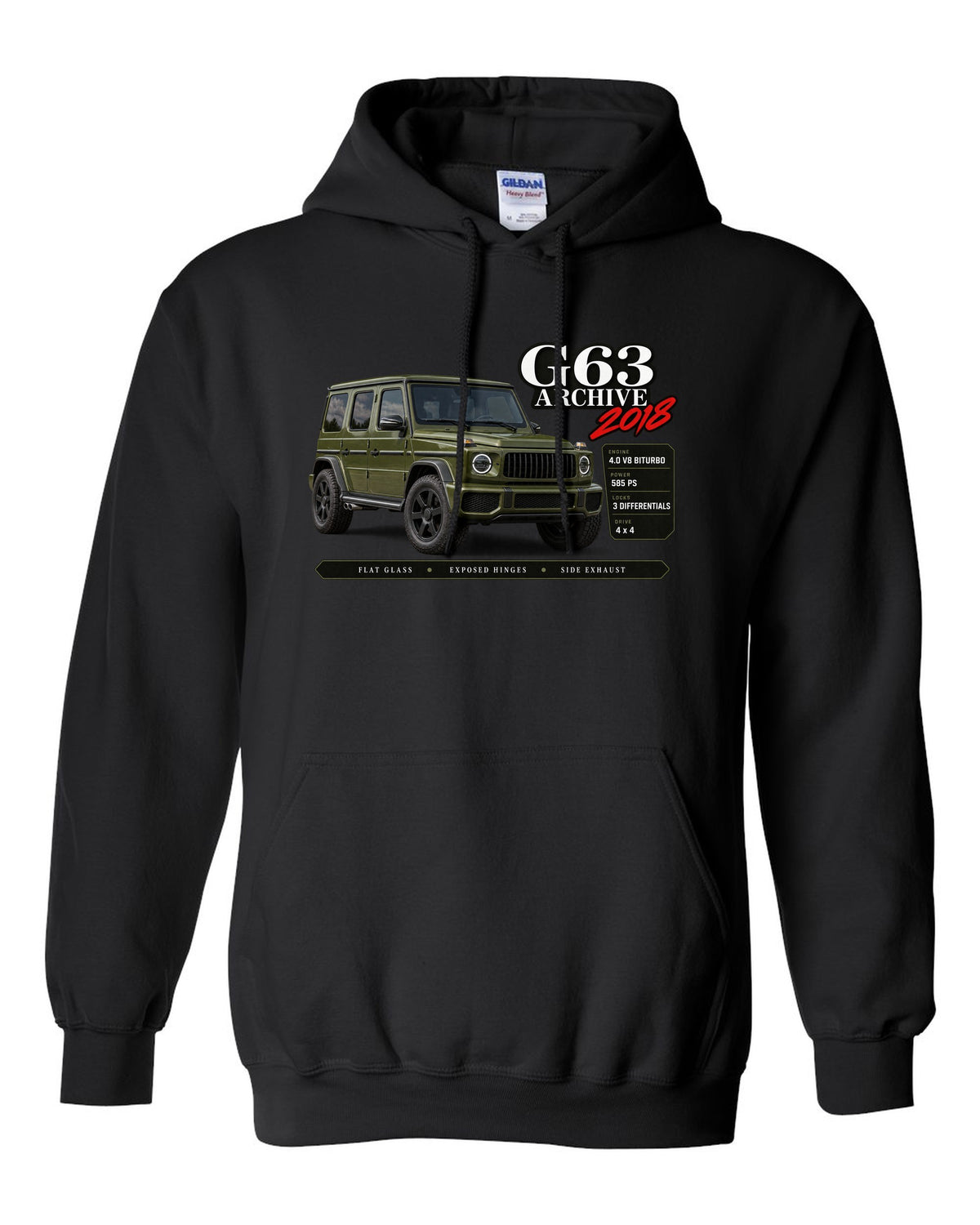 Archive panel print of a Mercedes-AMG G63 W464 with G63 Archive 2018 lettering black pull over hoodie front view with the design