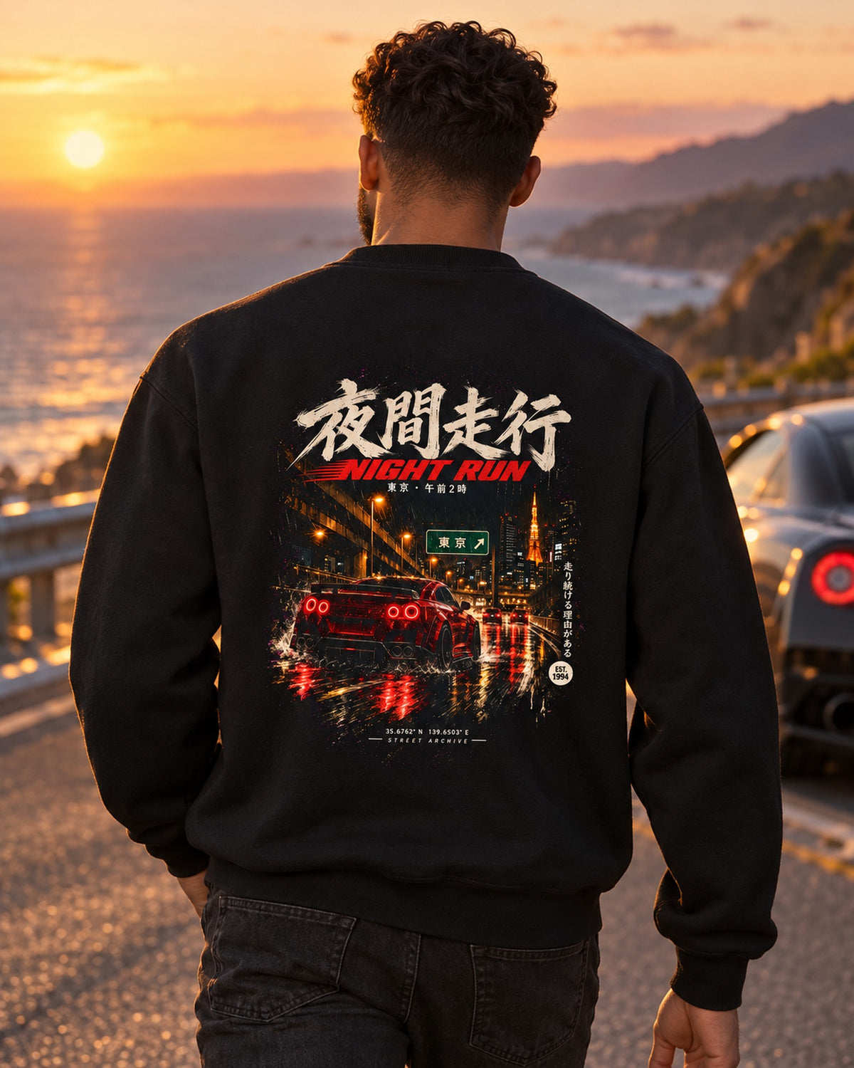 Nissan GT-R R35 Night Run Shirt, Hoodie & More Crewneck Black worn hero