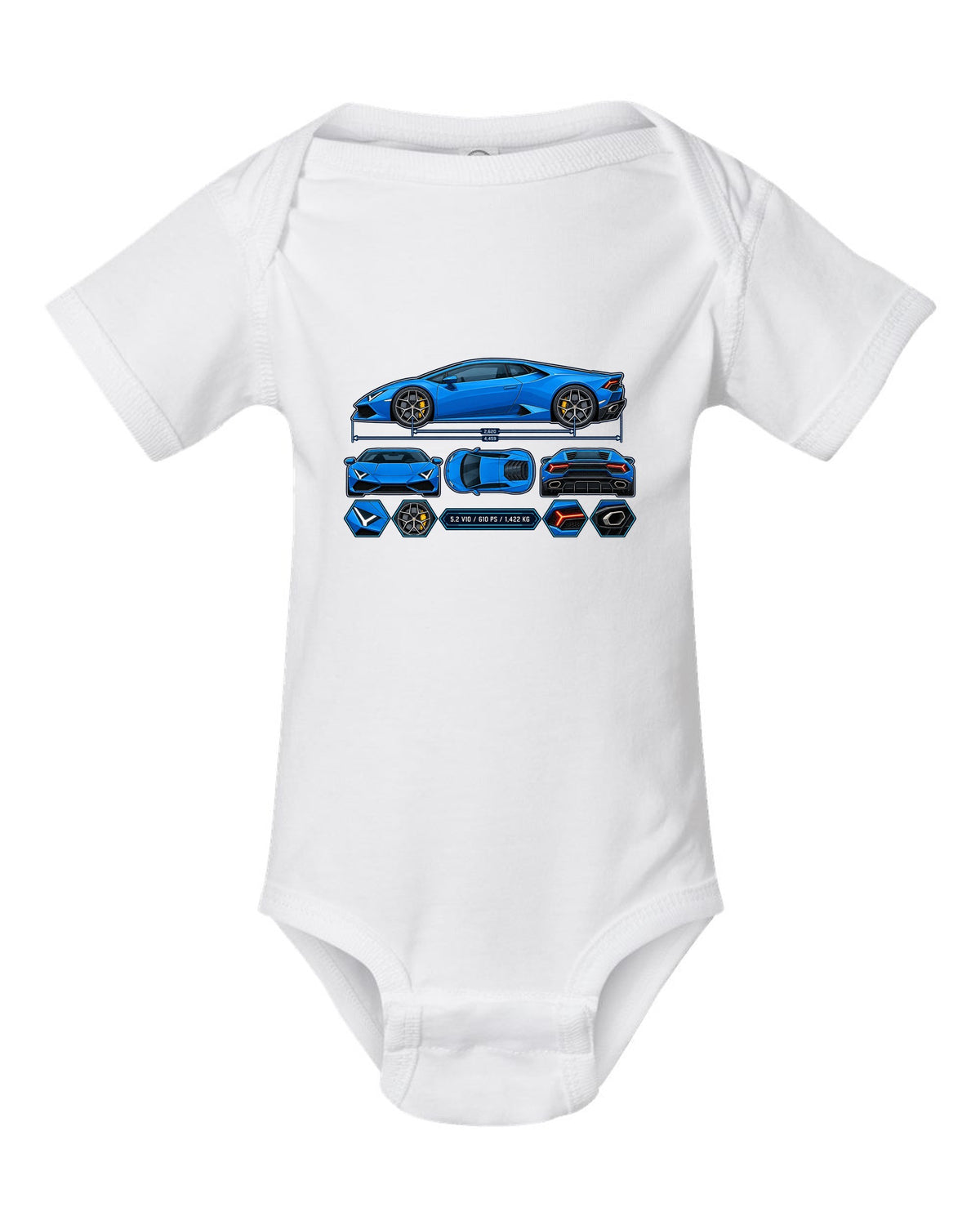 Colour technical blueprint of a Lamborghini Huracan LP610-4 with text 5.2 V10 / 610 PS / 1,422 KG white baby onesie front view with the design