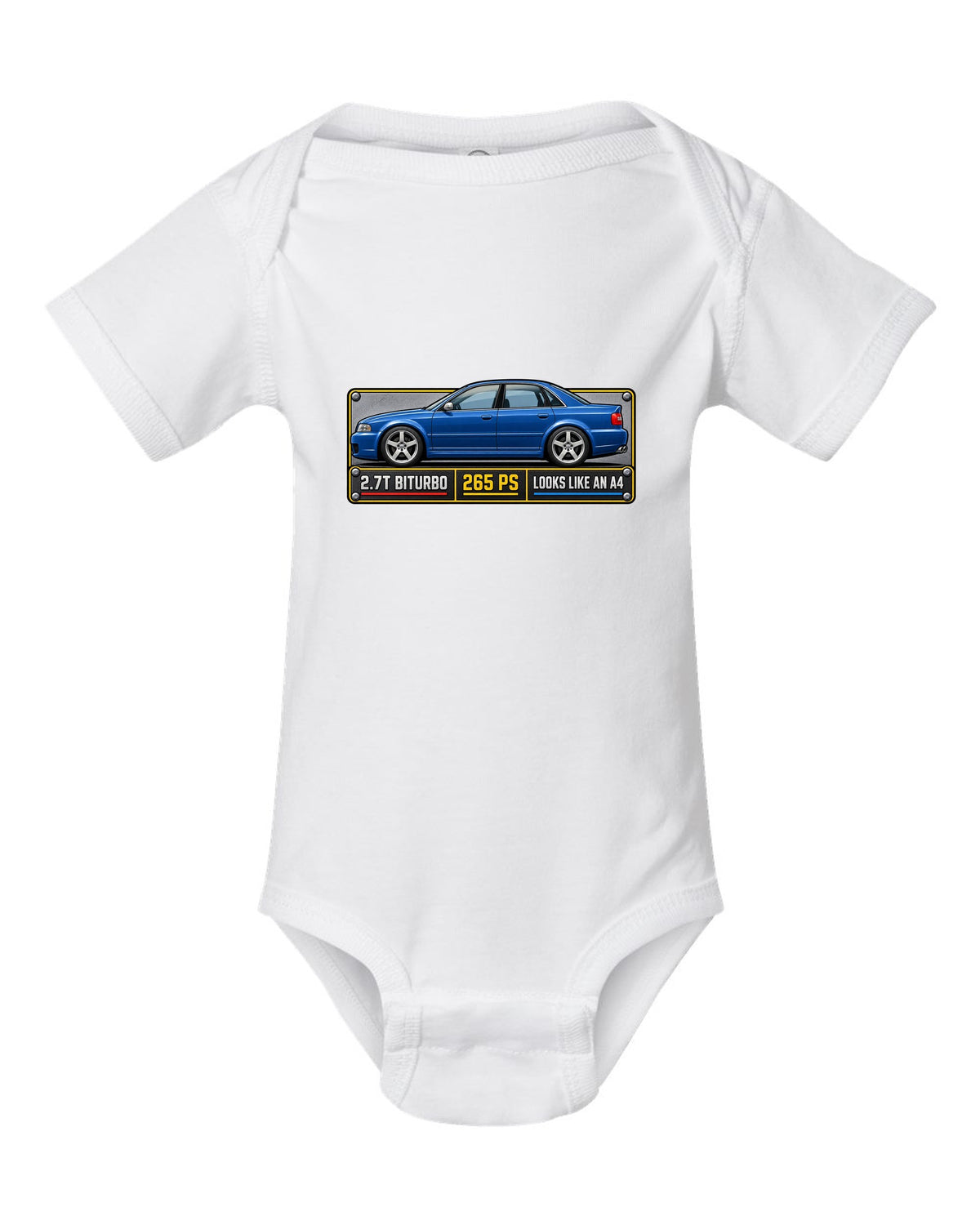 Spec plate print of an Audi S4 B5 sedan with 2.7T biturbo and 265 PS text white baby onesie front view with the design