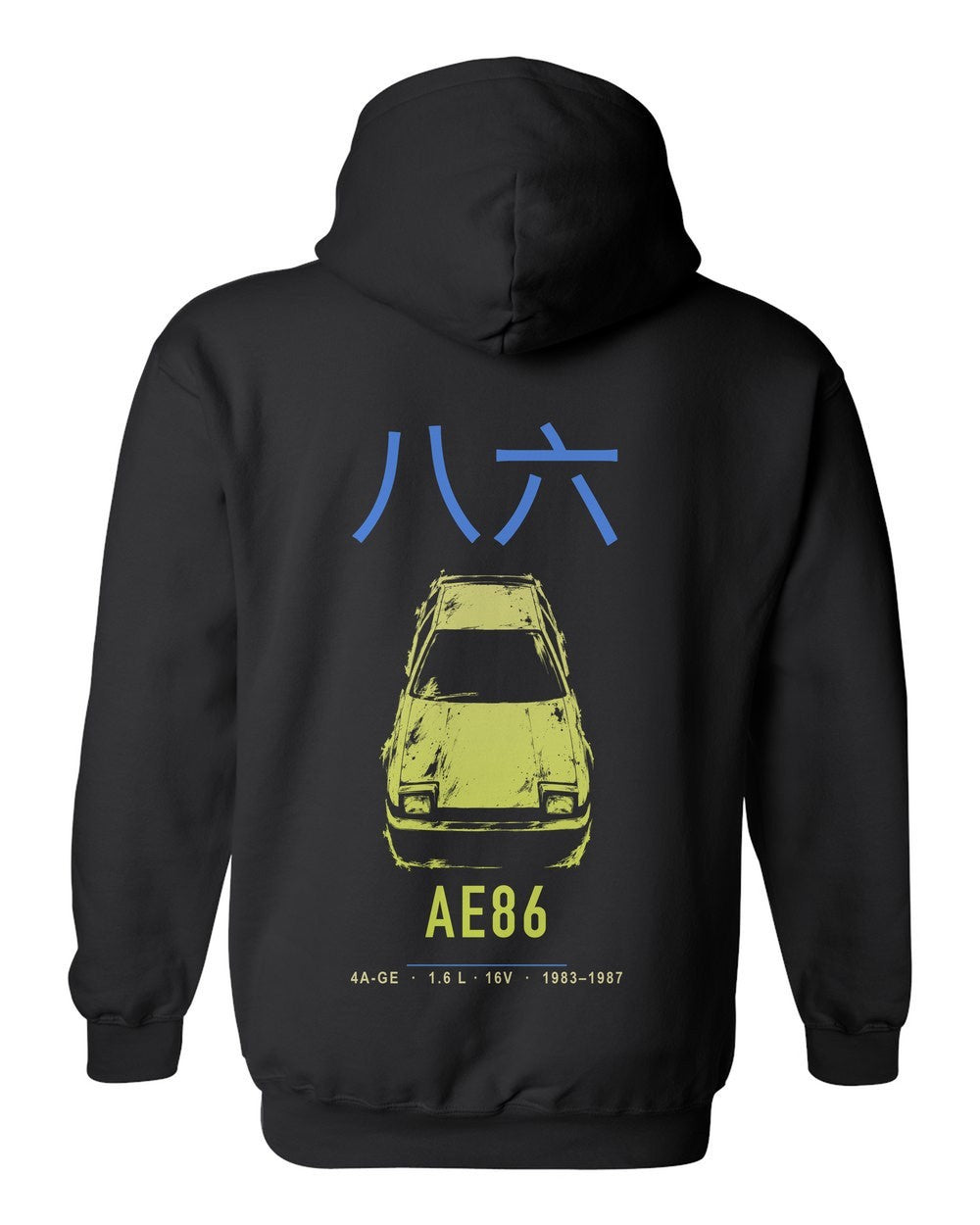 AE86 full-back artwork black pull over hoodie back view with the design