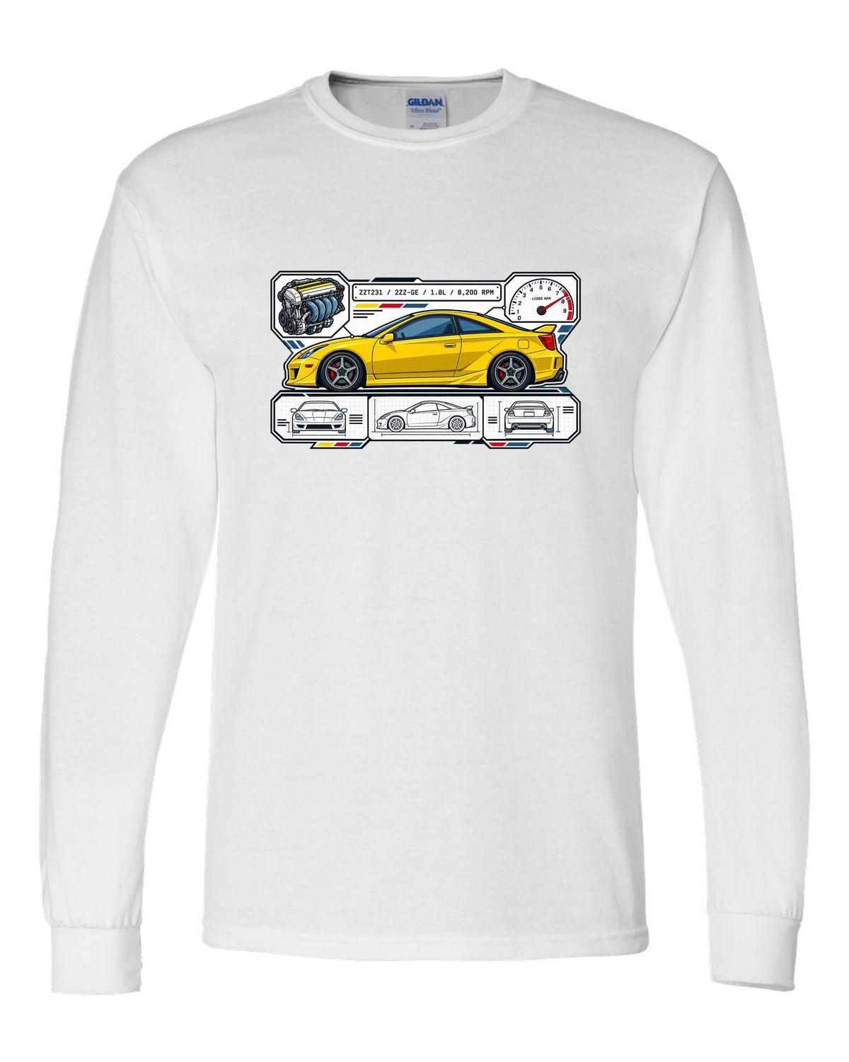 Spec sheet data plate for a Toyota Celica ZZT231 listing 2ZZ-GE, 1.8L and 8,200 RPM white long sleeve front view with the design