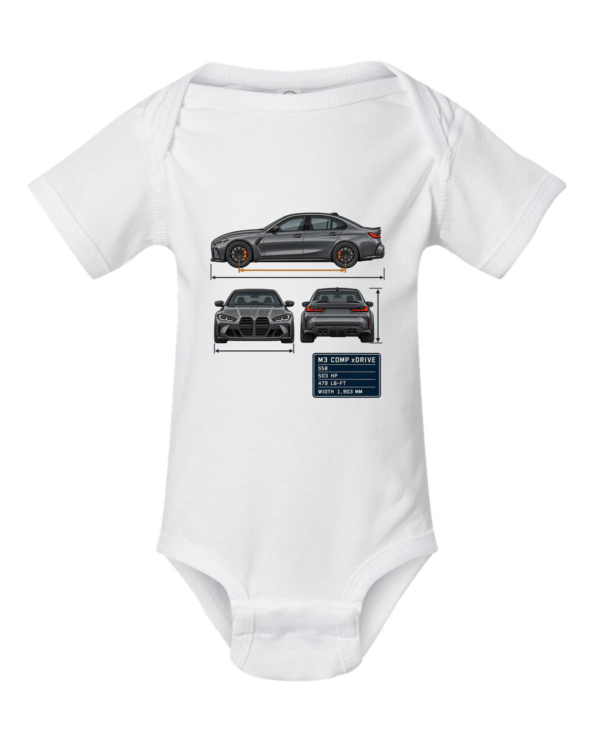 BMW M3 Competition xDrive G80 three-view drawing with spec table print white baby onesie front view with the design