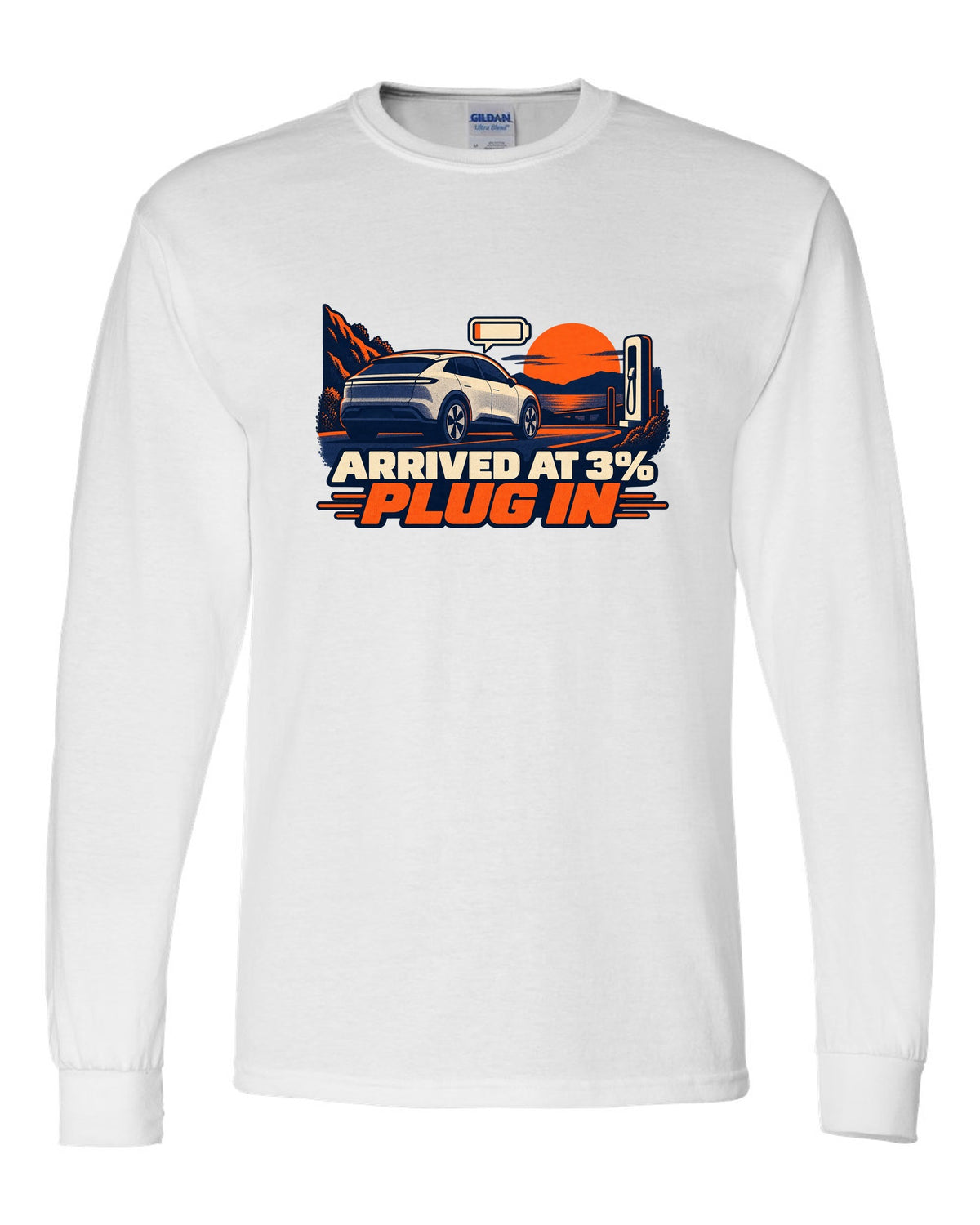 Risograph duotone print of a Tesla Model Y Juniper reading Arrived at 3% Plug In white long sleeve front view with the design