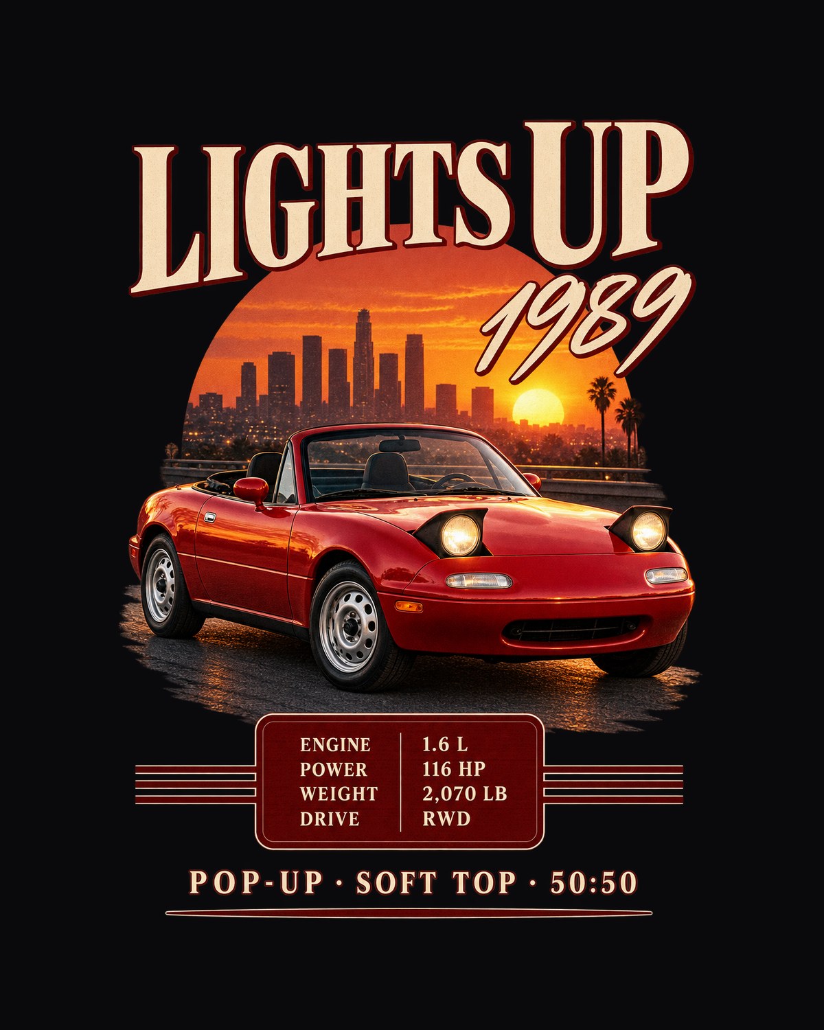 Mazda MX-5 NA 1989 Archive Panel Shirt, Lights Up Spec Sheet design only